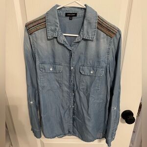 Dear John Blue Shirt with Colorful Shoulder Accents